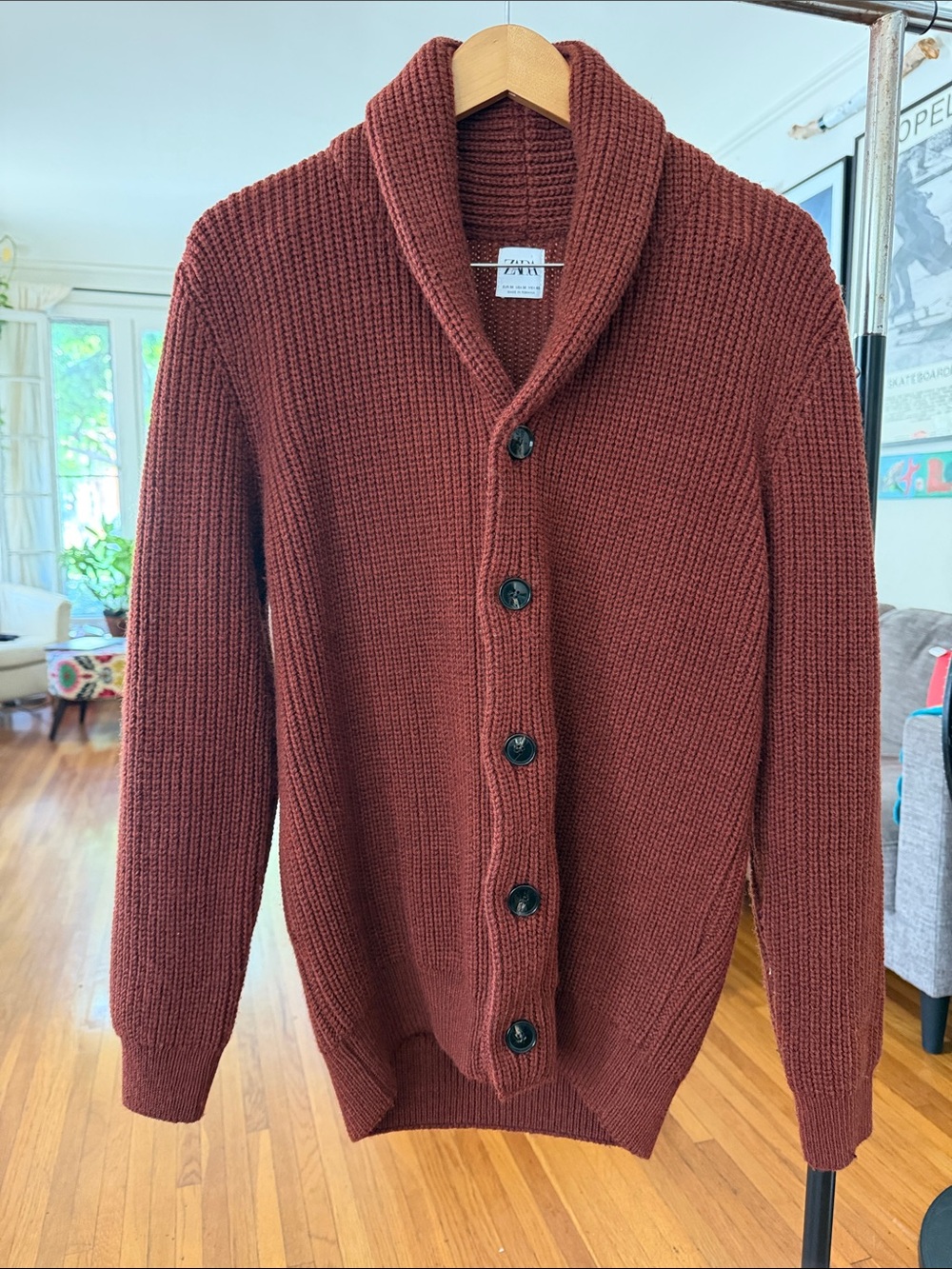 Zara Men's Shawl Collar Cardigan - Rust